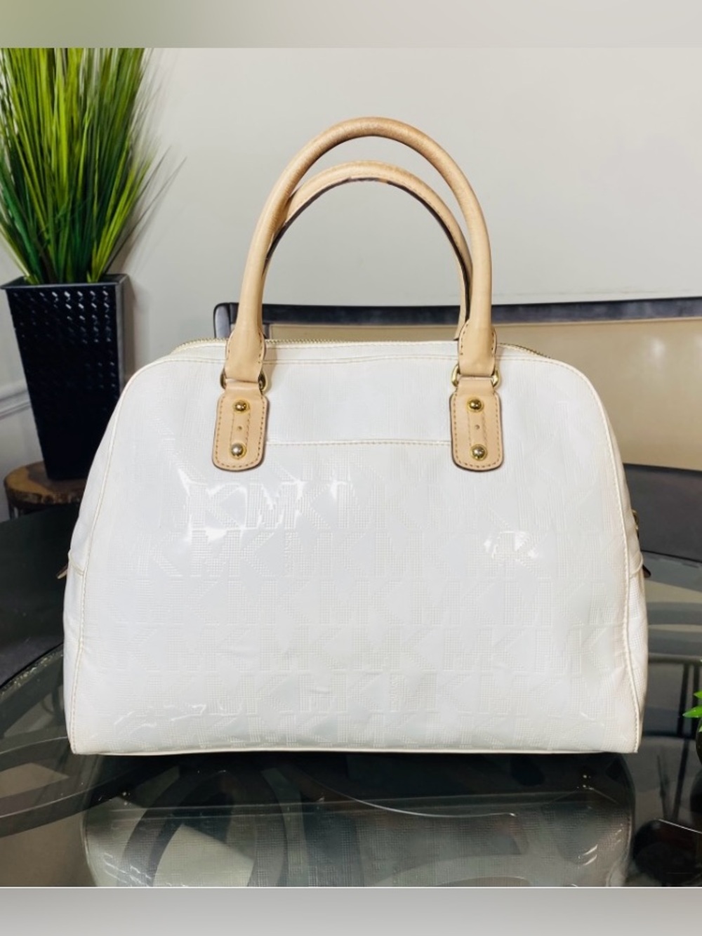 Michael Kors Cindy Dome Satchel White Patent Leather Tan Handles Large